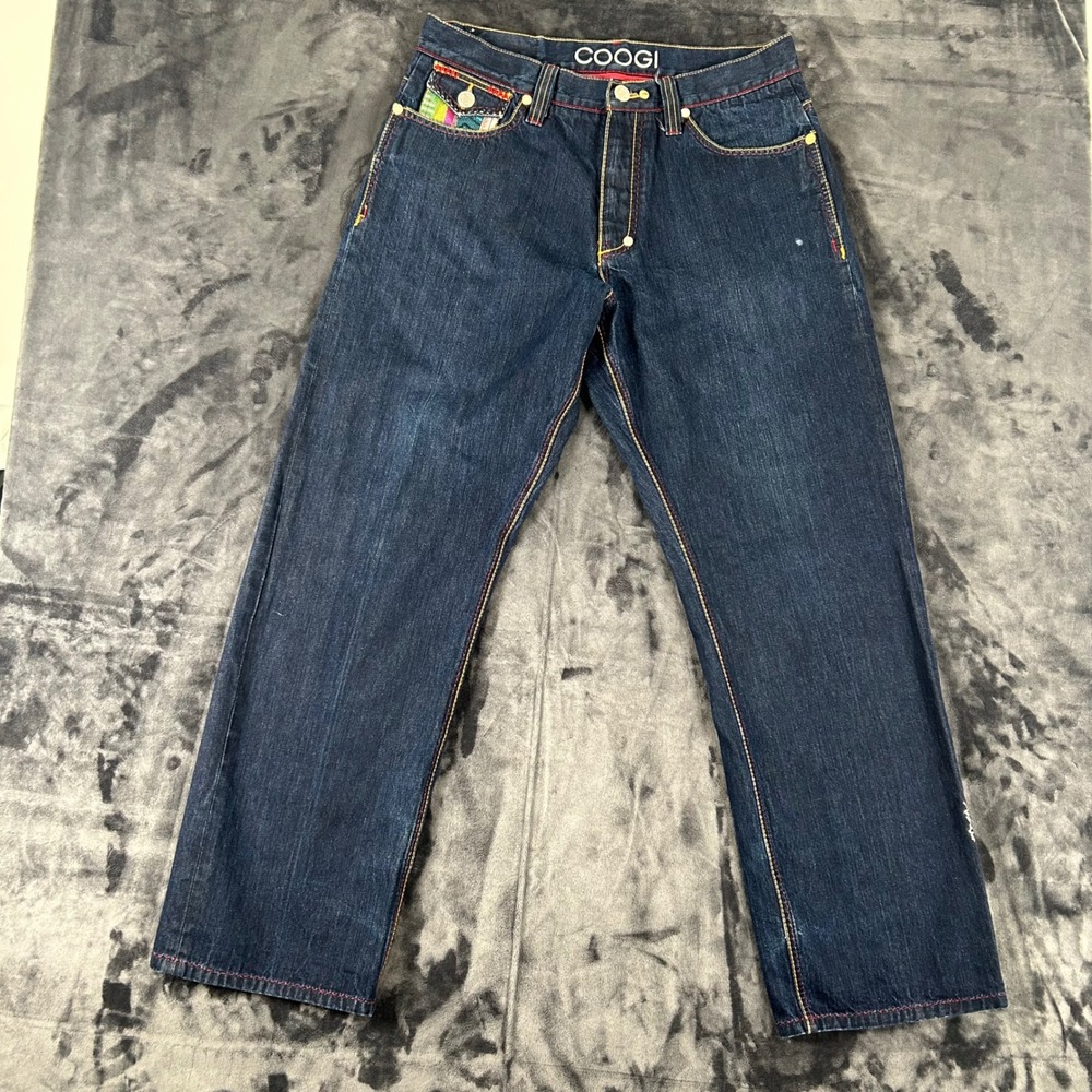 COOGI Jeans Mens 36 Blue Embroidered Knit Pocket Straight Leg Denim